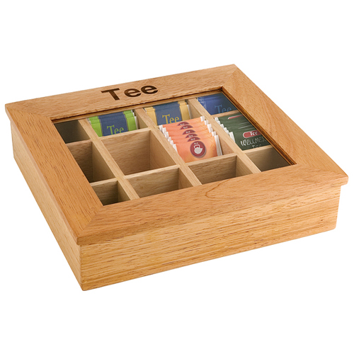 Theedoos afm 31x28cm 12 vaks licht hout glas tee