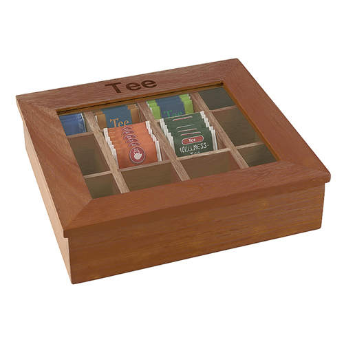 Theedoos afm 31x28cm 12 vaks donker hout glas tee