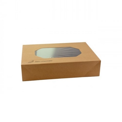 52.0091 Kraft cateringdoos met PLA venster afm 36x25xH8cm